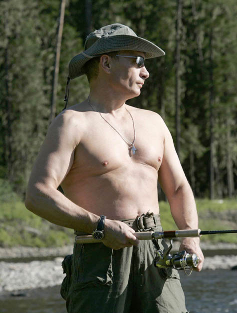 Russia's President Vladimir Putin fishes in the Yenisei River in Siberia